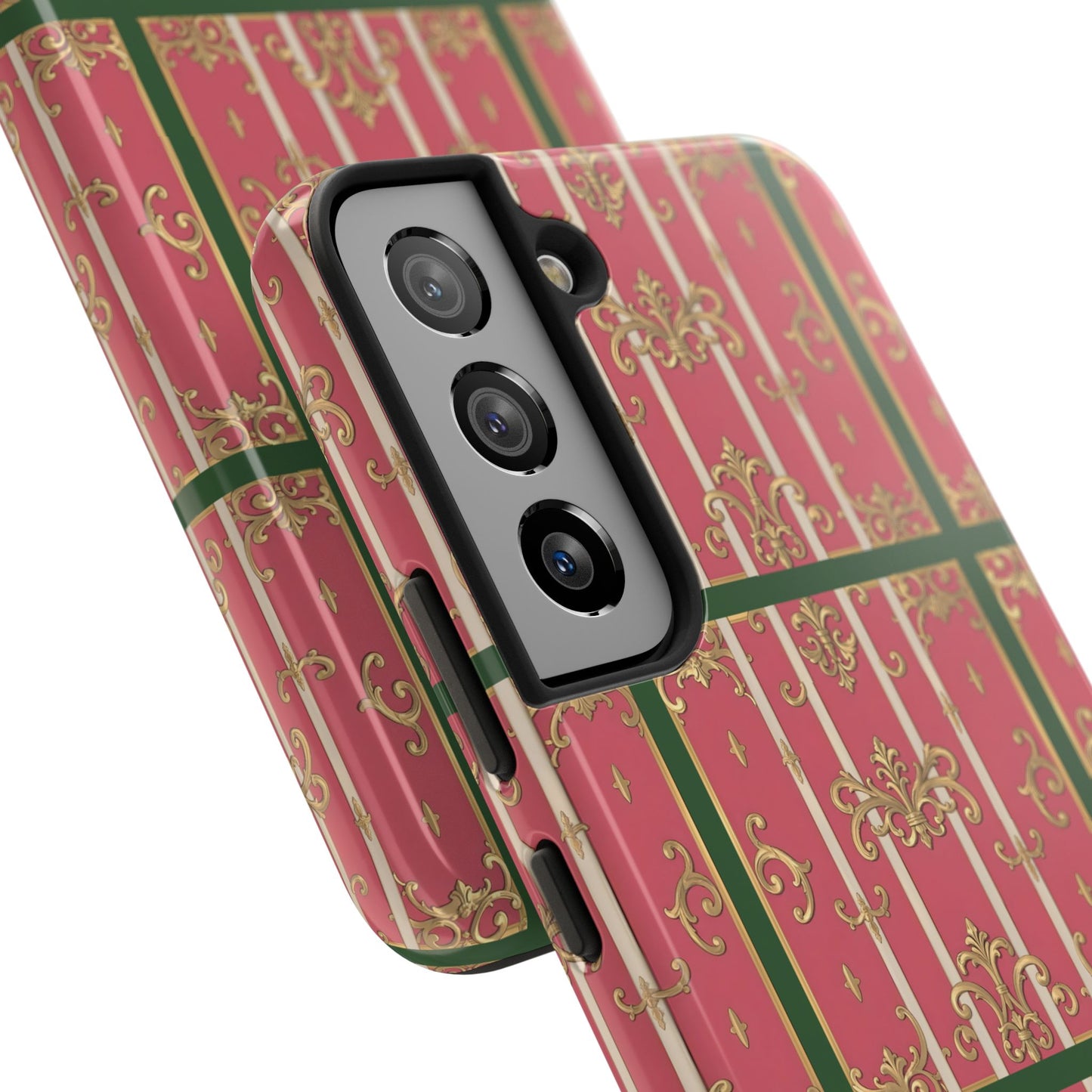 Elegant Green Border Pink Striped Baroque Phone Cases, Tough Phone Cases for Protection, Stylish Mobile Accessories, Gift for Her, Holiday Tech Gifts