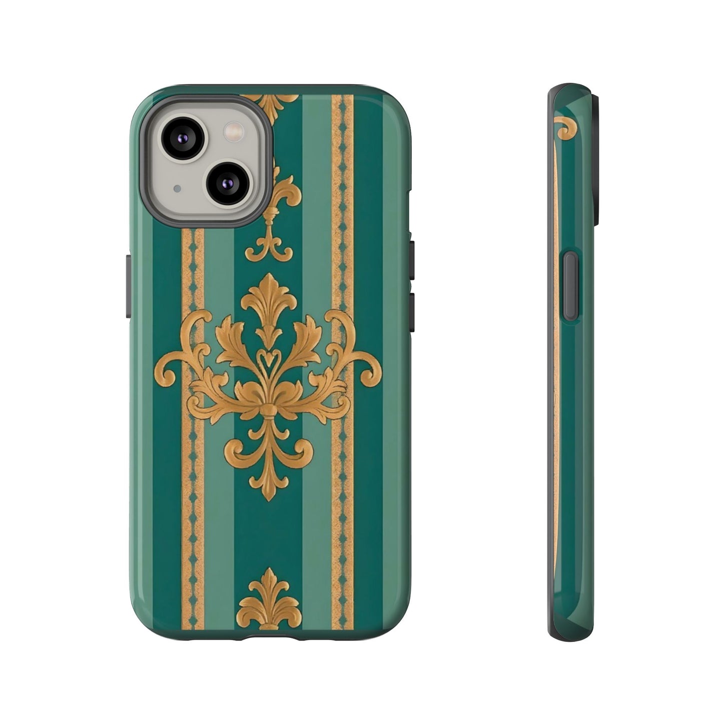 Elegant Floral Motif Phone Case - Tough Cases with Vintage Design - Teal Striped Gold Damask