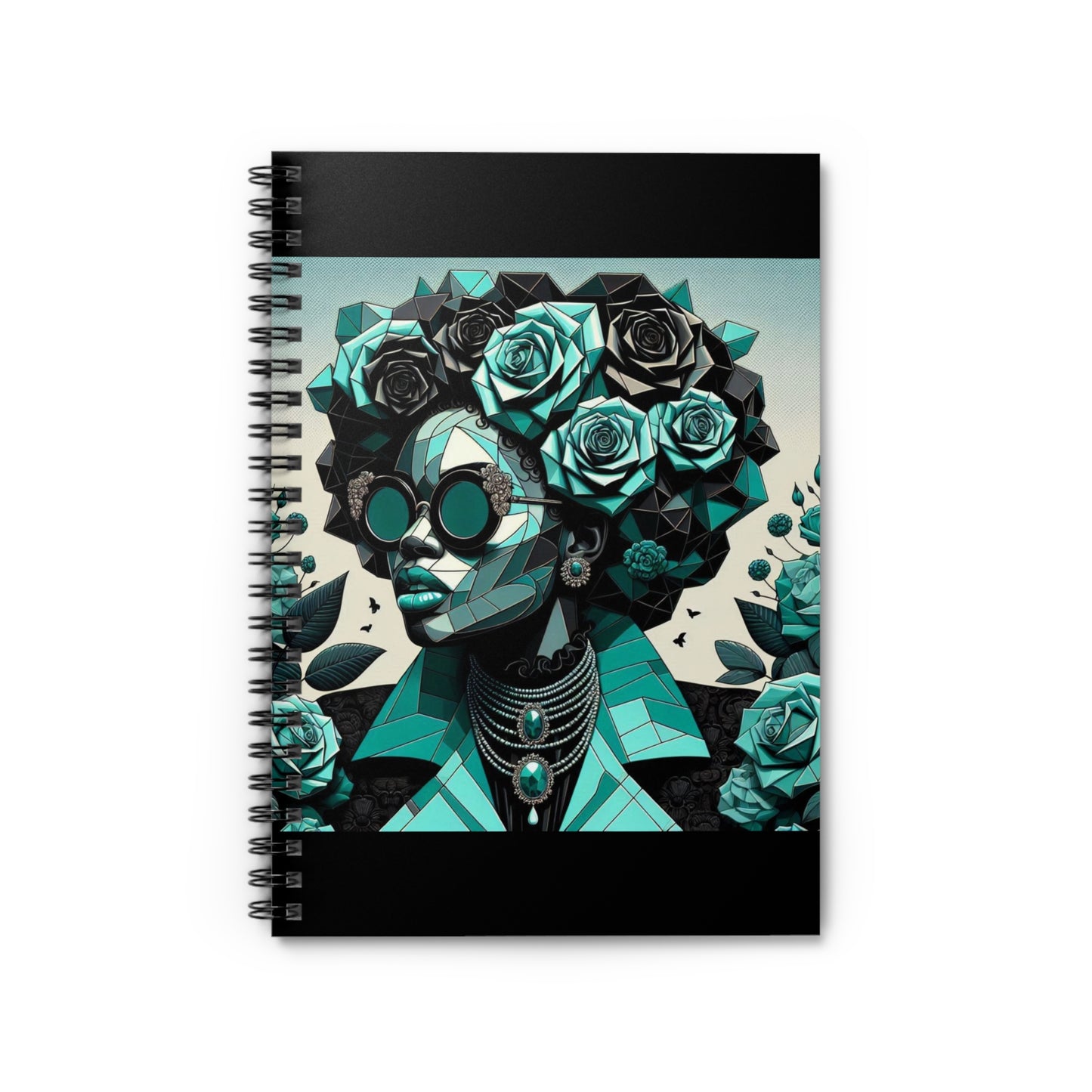Artistic Floral Spiral Notebook - Ruled Line, Journal for Creativity, Gift for Writers, School Supplies - Turquoise & Black Roses Lady