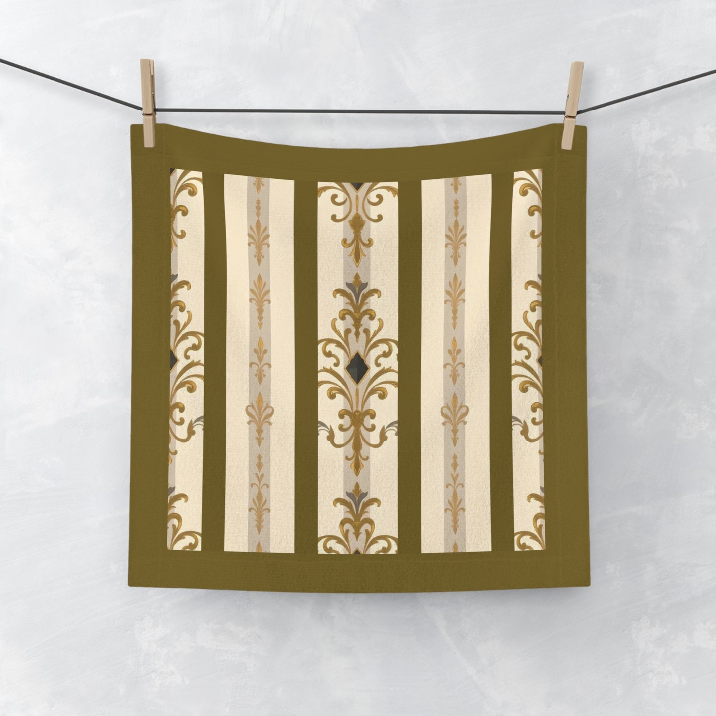 Elegant Vintage Face Towel – Luxurious Gold Pattern for Home & Spa - Olive Striped Gold Damask