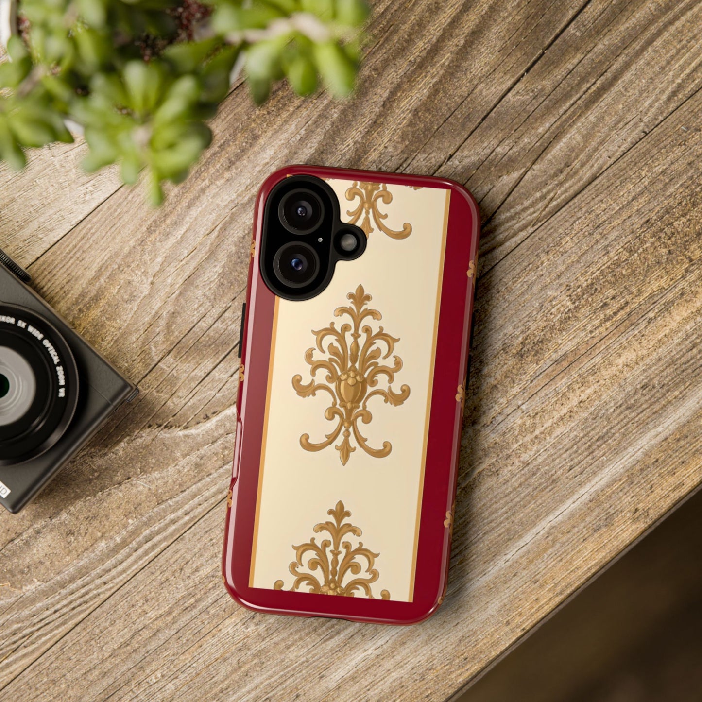 Elegant Floral Motif Phone Case - Tough Cases with Vintage Design - Dusk Red Striped Gold Damask