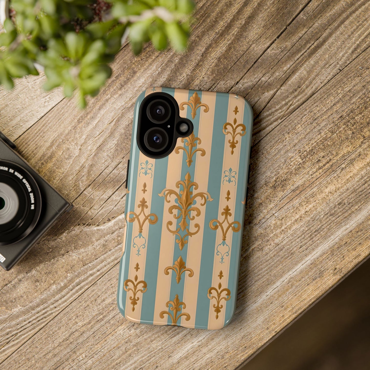 Elegant Floral Motif Phone Case - Tough Cases with Vintage Design -  Beige & Sky Blue Striped Gold Damask