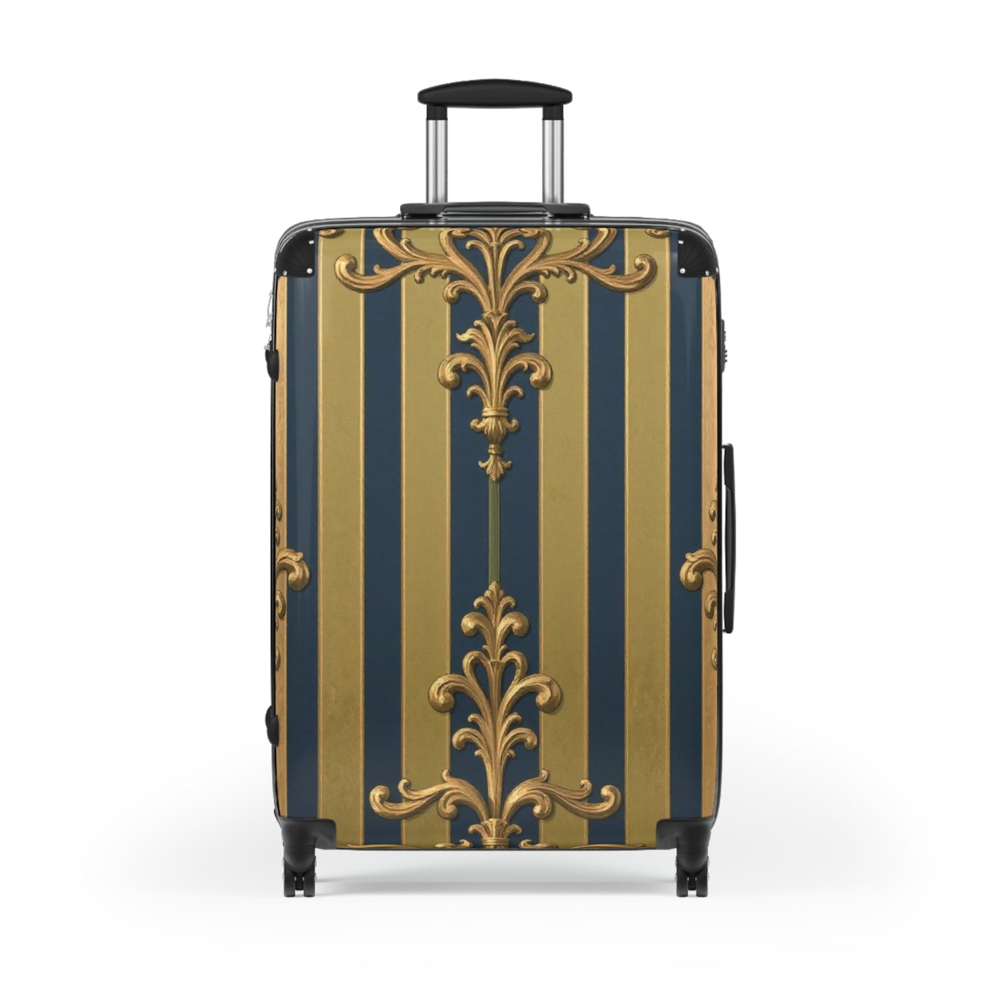 Elegant Midnight Blue & Olive Striped Gold Baroque Travel Suitcase, Chic Luggage for Stylish Travelers, Fashionable Overnight Bag, Luxury Baggage