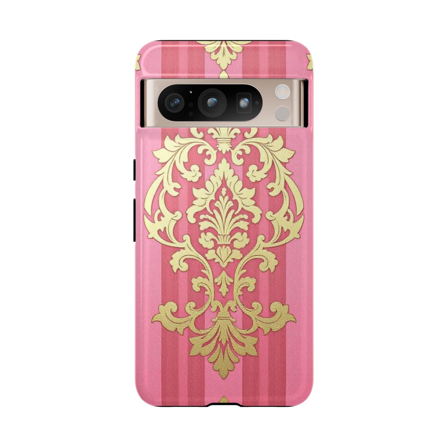 Elegant Floral Motif Phone Case - Tough Cases with Vintage Design - Pink Striped Damask