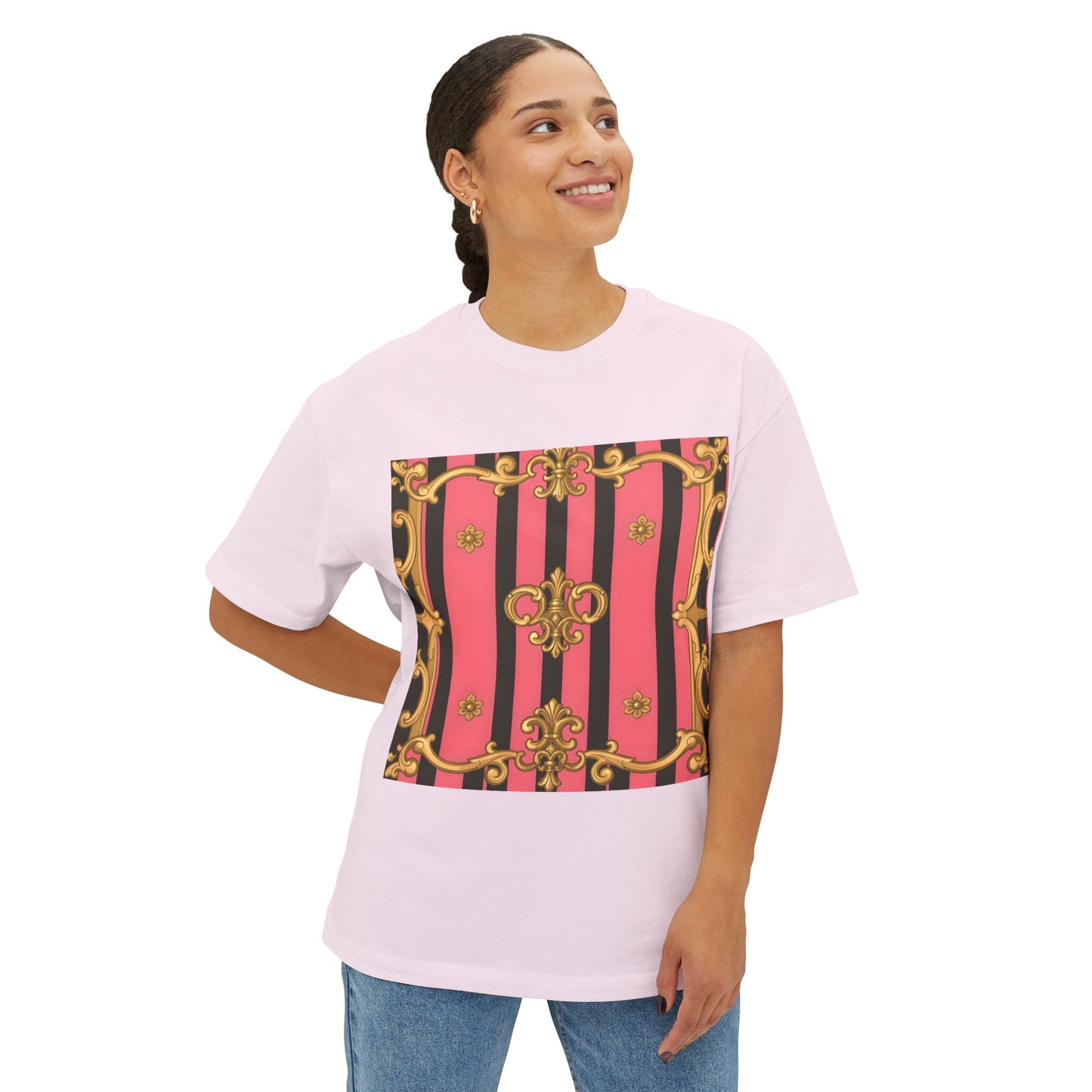 Chic Vintage-Inspired Oversized Tee, Stylish Graphic T-Shirt, Baroque Tee, Casual Summer Shirt - Pink & Black Striped Gold Baroque