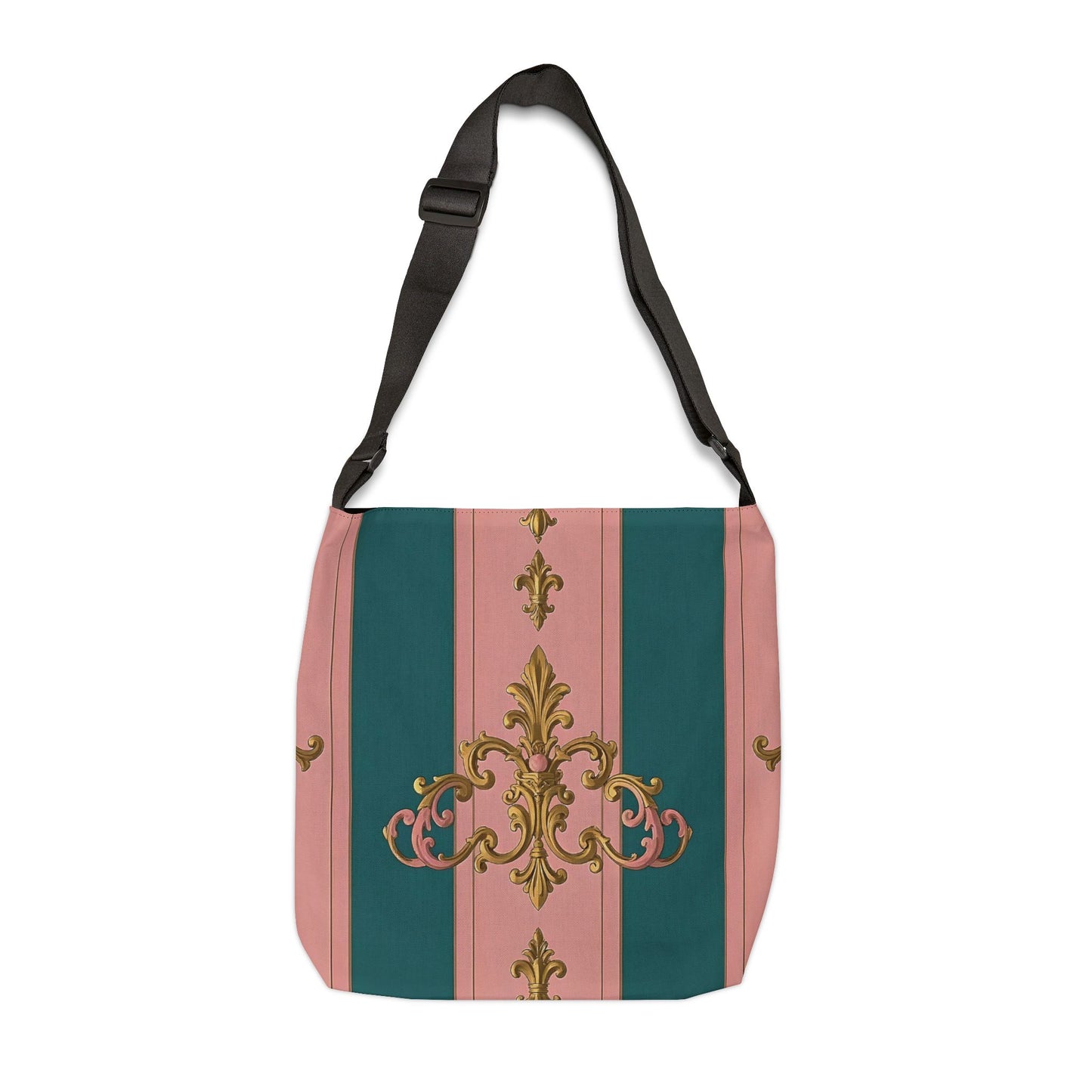 Chic Adjustable Tote Bag - Elegant Floral Design, Fashion Accessory, Everyday Bag, Gift for Her - Pink & Teal Striped Gold Baroque