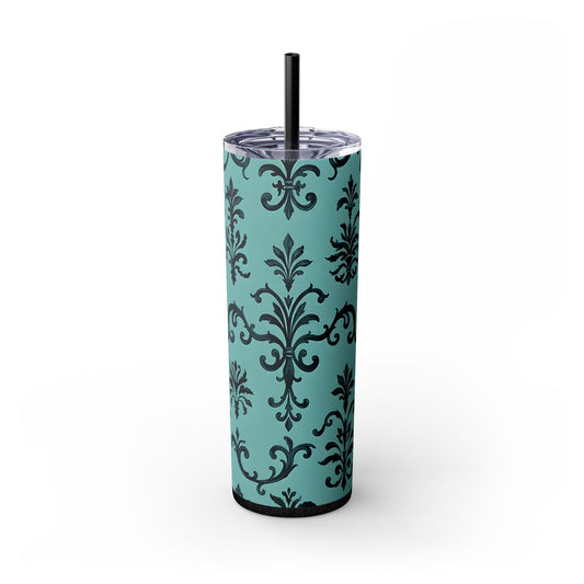 Elegant Floral Skinny Tumbler with Straw, 20oz, Personalized Drinkware, Stylish Travel Mug, Great Gift for Her - Teal Striped Rococo