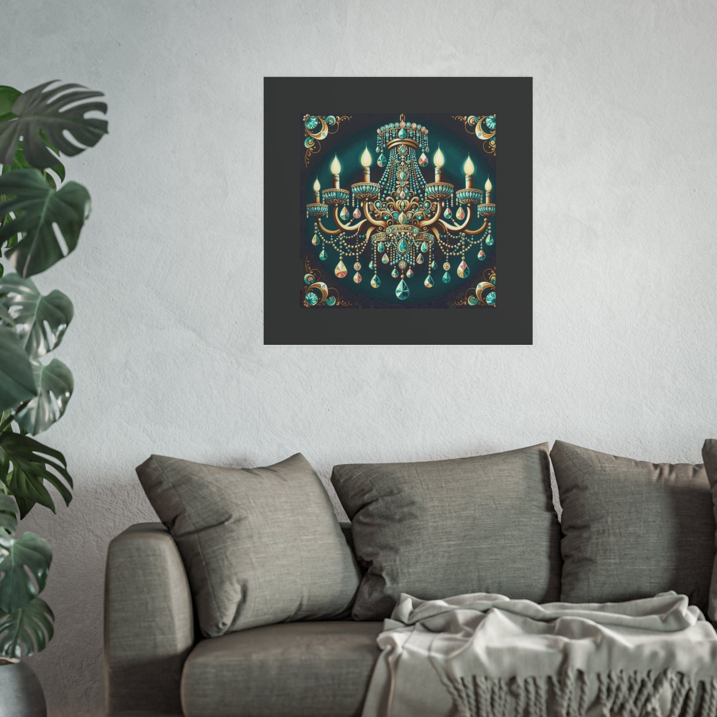 Elegant Chandelier Poster - Luxurious Wall Art for Home Décor - Teal Jeweled Chandelier