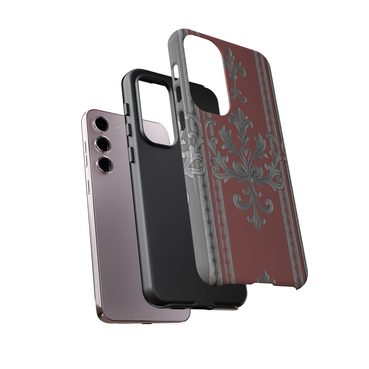 Elegant Floral Phone Case - Tough Cases for Stylish Protection - Gray & Mauve Striped Baroque