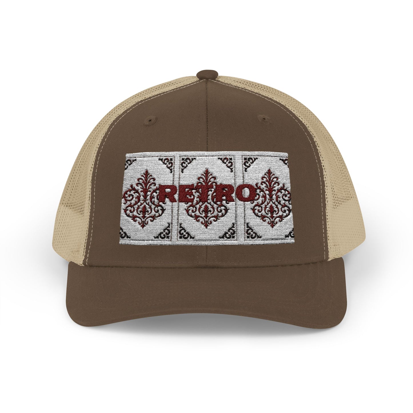 Retro Baroque Trucker Cap — Almond Beige & Brown Snapback