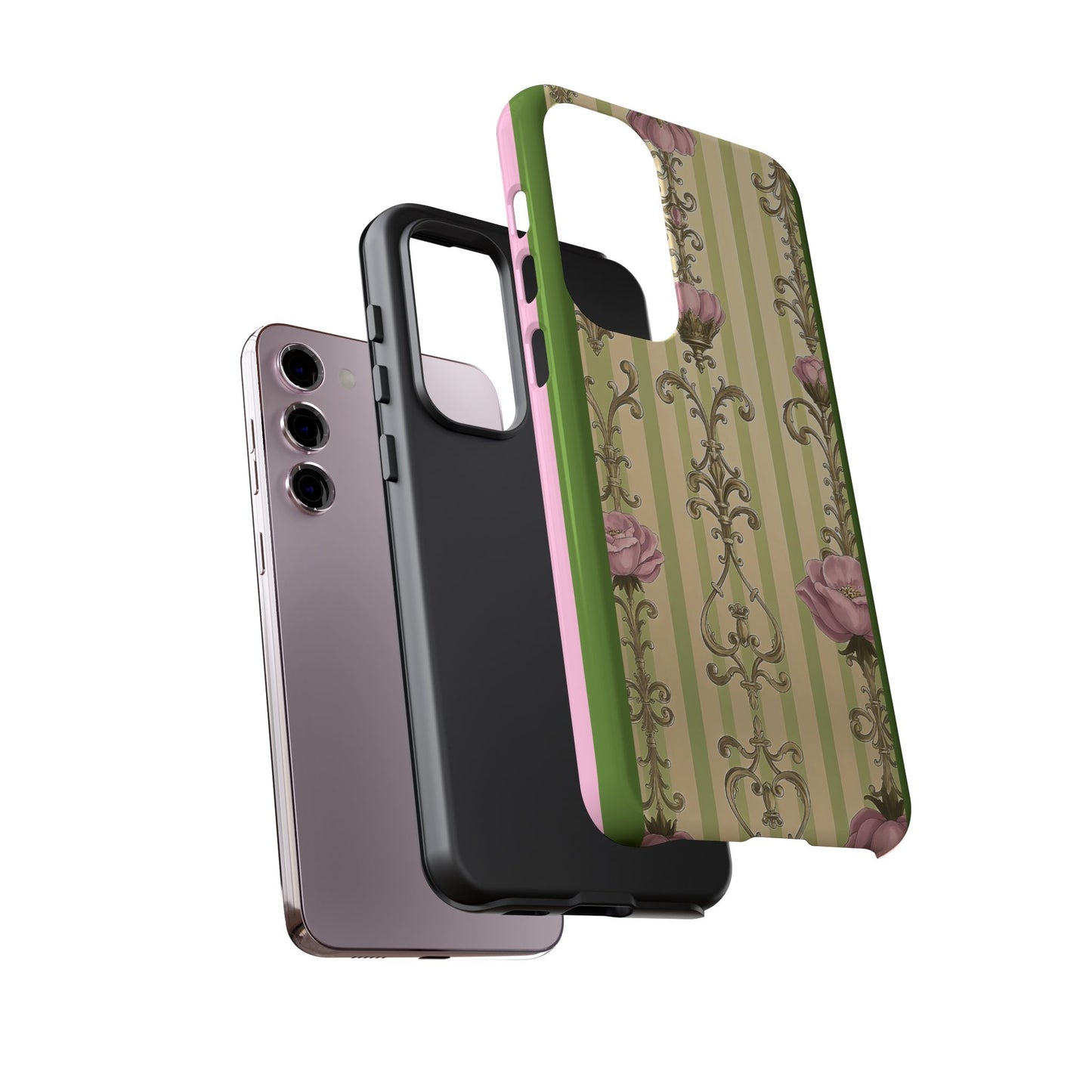 Elegant Floral Motif Phone Case - Tough Cases with Vintage Design - Lime Green & Pink Striped Damask