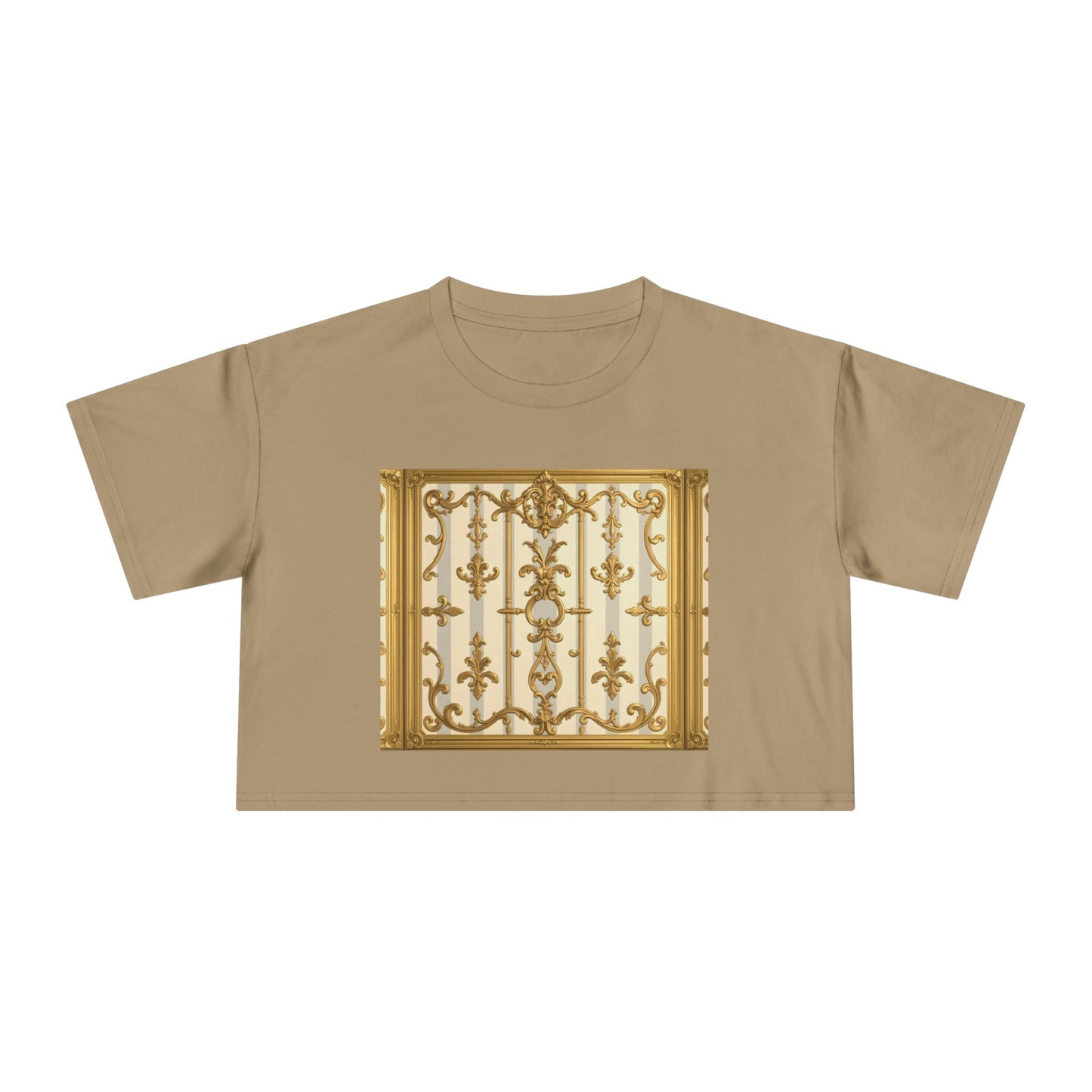 Elegant Vintage Women's Crop Tee, Stylish Oversized Top, Casual Summer Shirt, Trendy Women's Apparel - Matte Gray & Cream Striped Gold Baroque