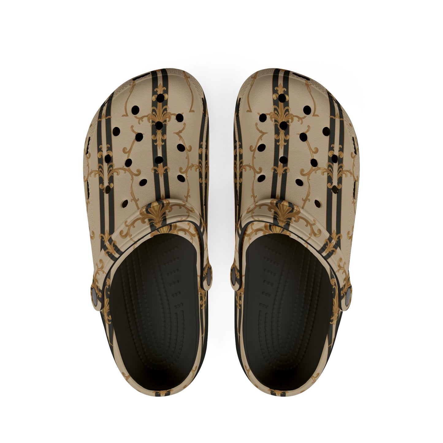 Stylish EVA Foam Clogs - Trendy Comfort for Home & Garden, Fashionable Slides, Casual Footwear - Black & Beige Striped Damask