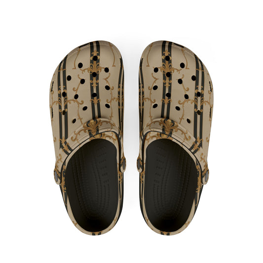 Stylish EVA Foam Clogs - Trendy Comfort for Home & Garden, Fashionable Slides, Casual Footwear - Black & Beige Striped Damask