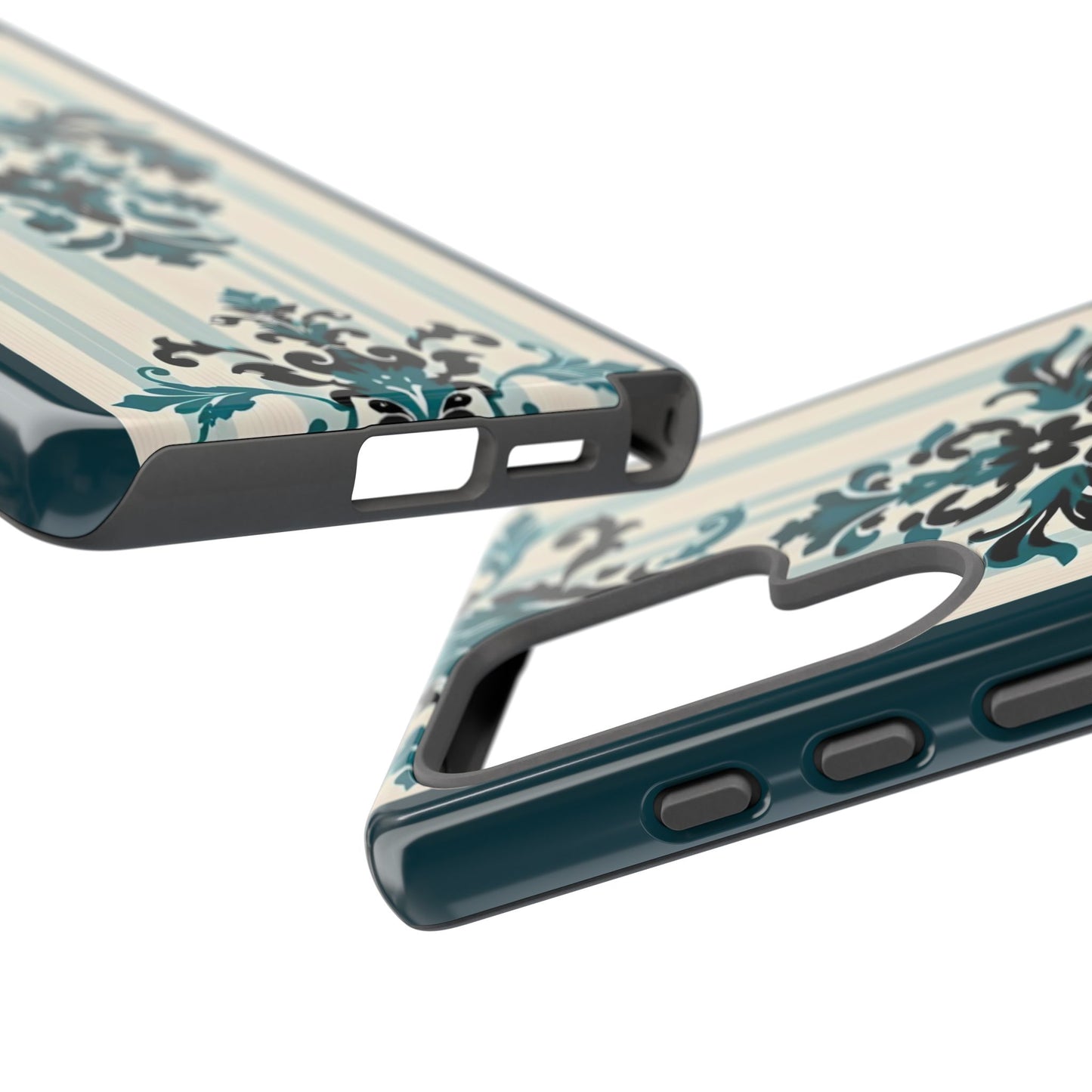 Elegant Floral Phone Case - Tough Cases with Vintage Design - Teal Striped Damask