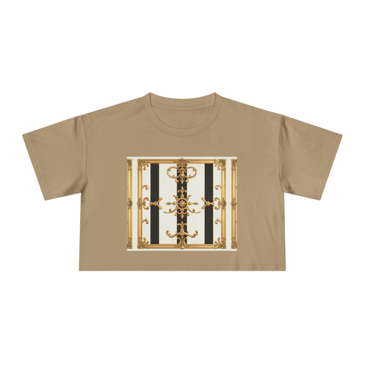 Chic Gold Baroque Women's Crop Tee, Stylish Summer Top, Fashionable Gift for Her, Casual Fashion - Black & White Striped Gold Baroque