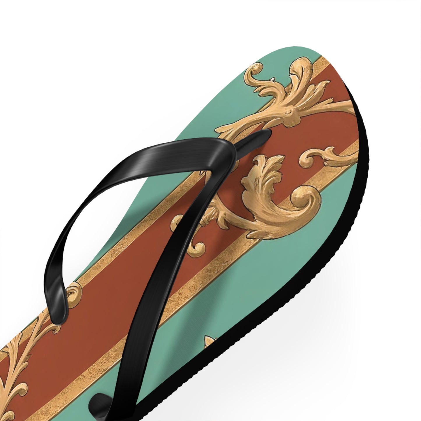 Elegant Vintage Flip Flops with Ornate Design - Perfect for Summer & Beach Getaways - Rust & Mint Aqua Striped Baroque