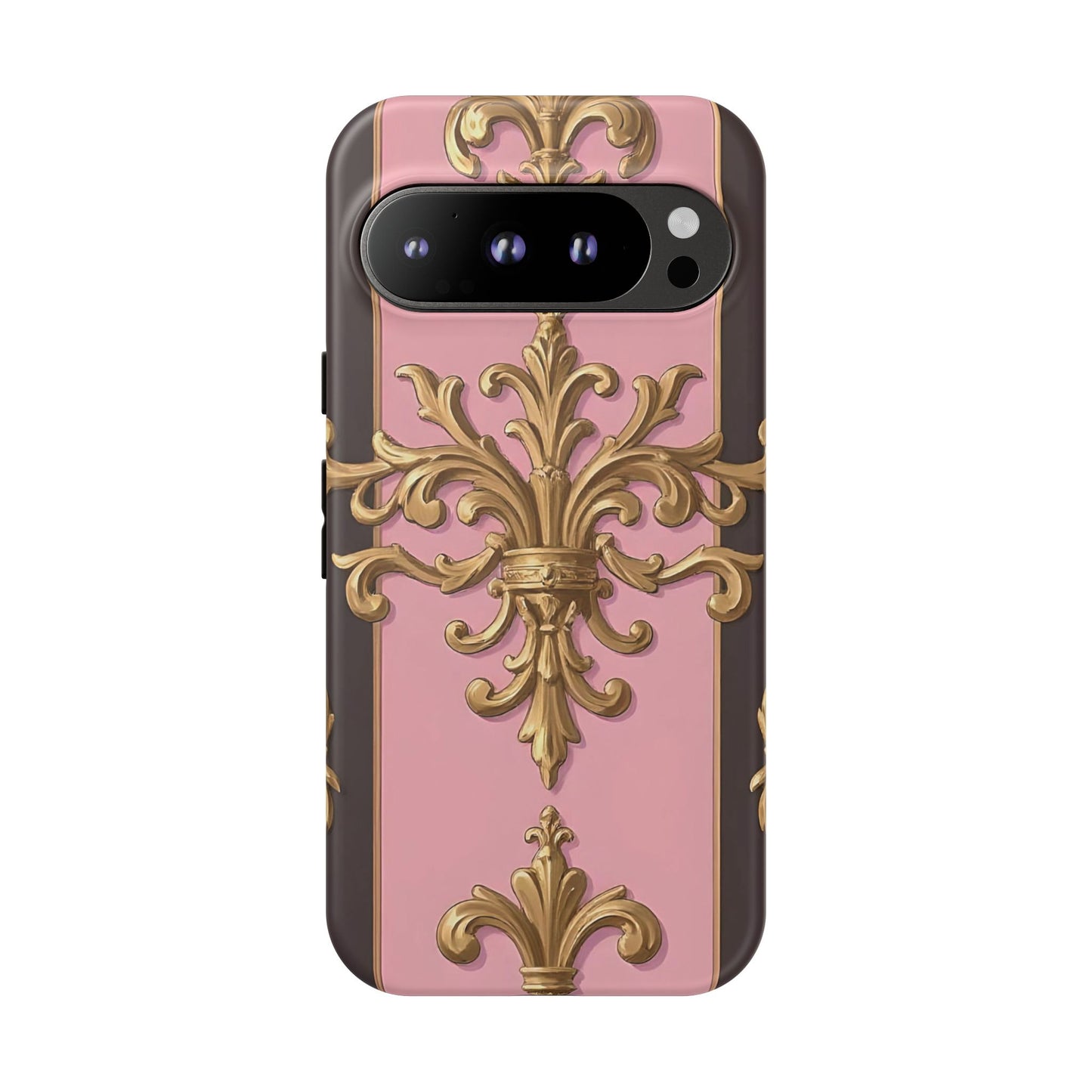 Elegant Floral Motif Phone Case - Tough Cases with Vintage Design - Pink & Brown Striped Gold Damask