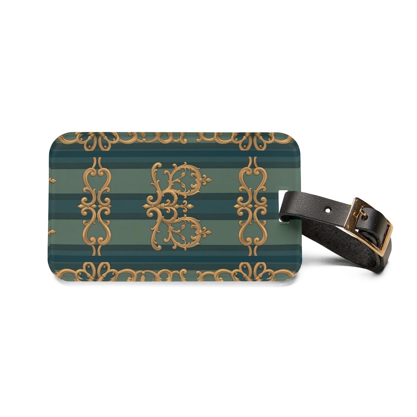 Elegant Vintage Luggage Tag, Travel Accessory, Personalized Baggage Identifier, Gift for Travelers - Smoky Blue & Teal Striped Baroque