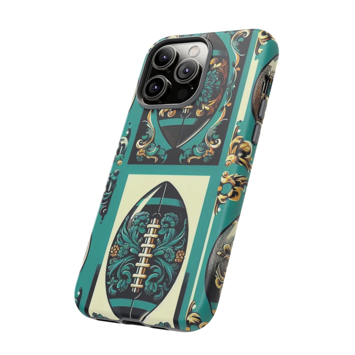 Elegant Floral Motif Phone Case - Tough Cases with Vintage Design -  Damask Teal, Gold & Black Footballs