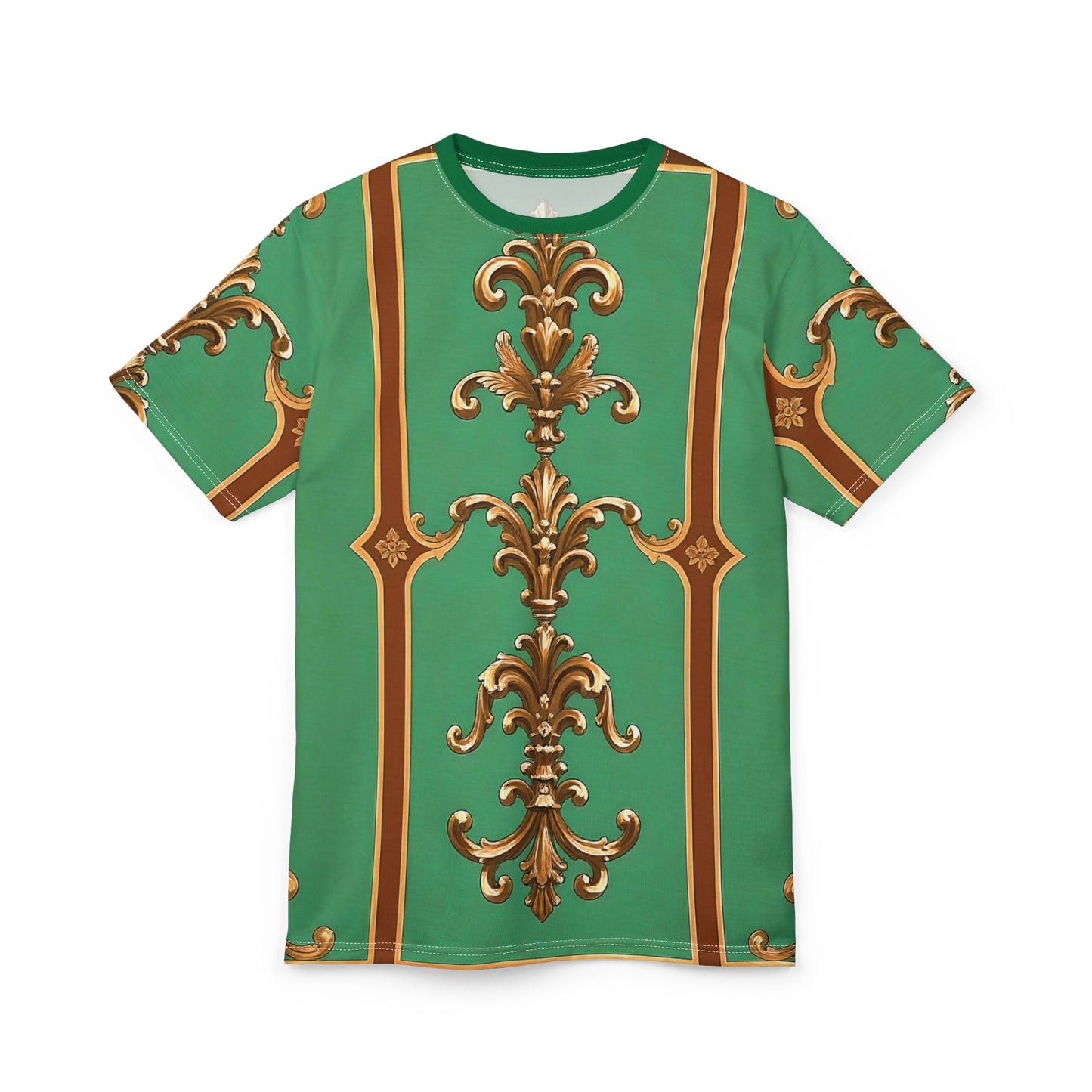 Luxurious AOP Unisex Cut & Sew Tee, Vintage Pattern Tee, Unique Graphic T-shirt, Fashion Statement Top - Rust & Green Striped Baroque