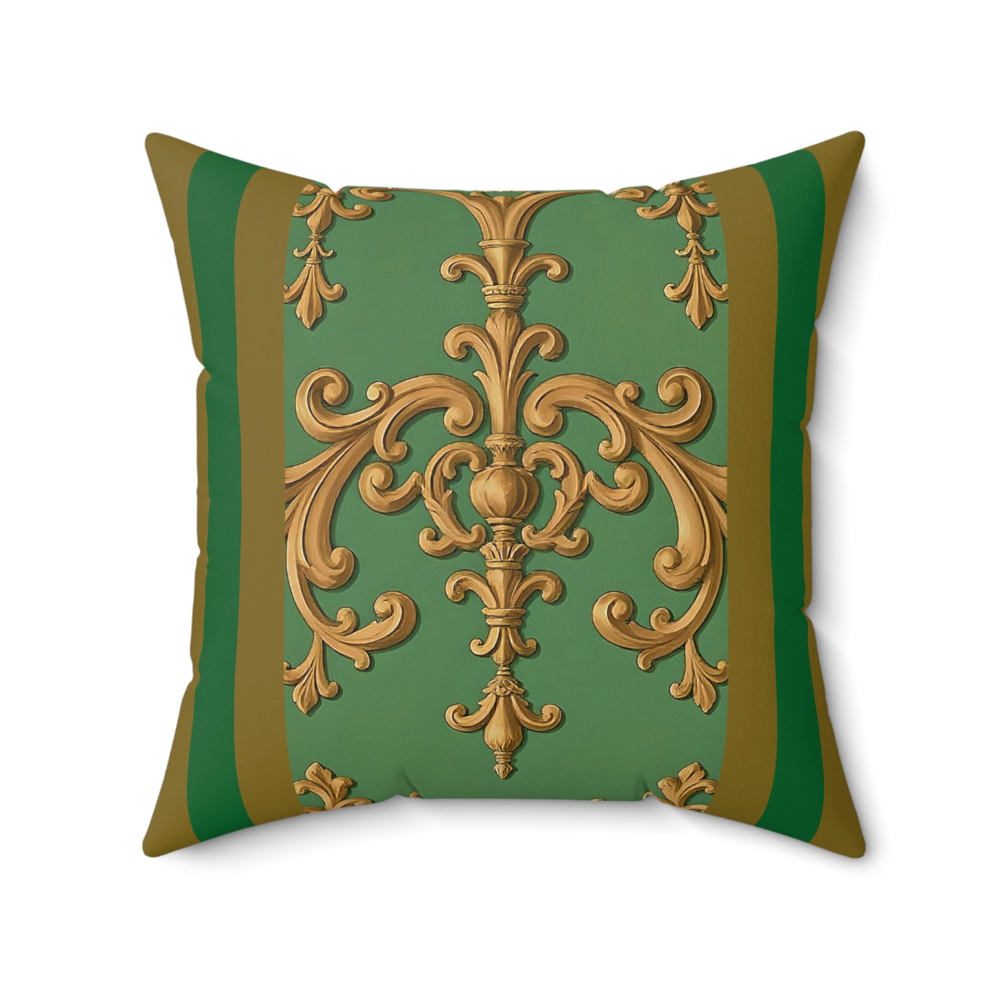 Elegant Faux Suede Square Pillow with Gold Floral Design, Throw Pillow, Home Decor, Living Room Accent, Gift for Her - Olive Green Striped Rococo