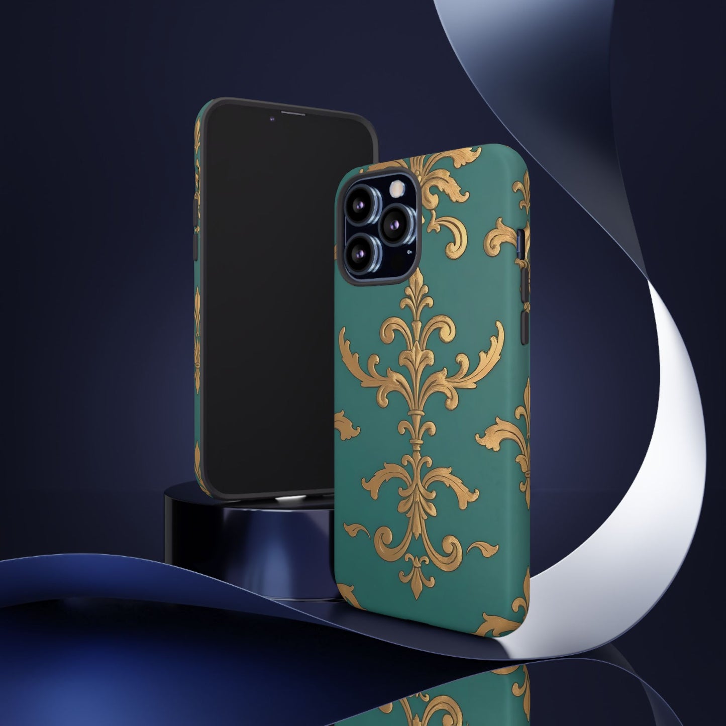 Elegant Floral Motif Phone Case - Tough Cases with Vintage Design - Aqua & Gold Damask