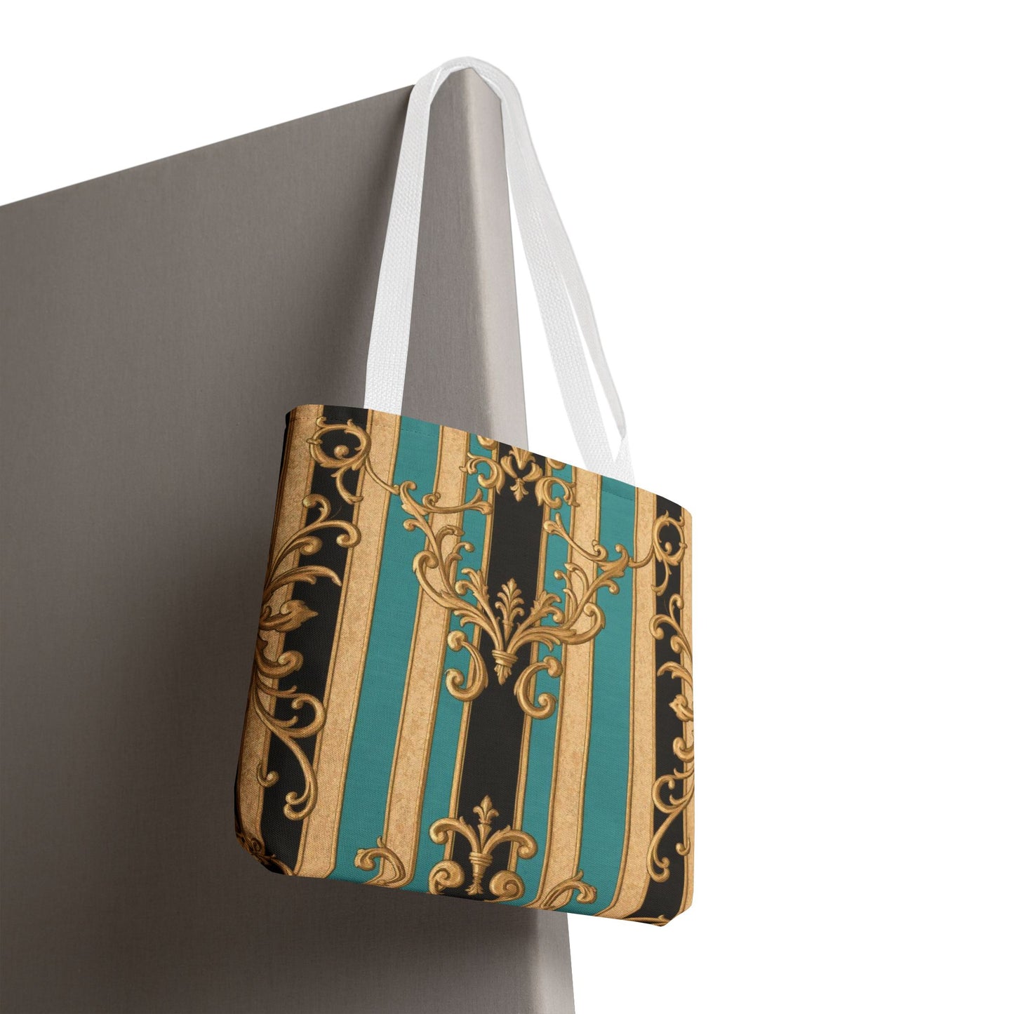 Elegant Black, Tan & Ocean Green Striped Gold Baroque Vintage Pattern Tote Bag, Stylish Carryall, Fashionable Handbag, Perfect Gift for Mother’s Day