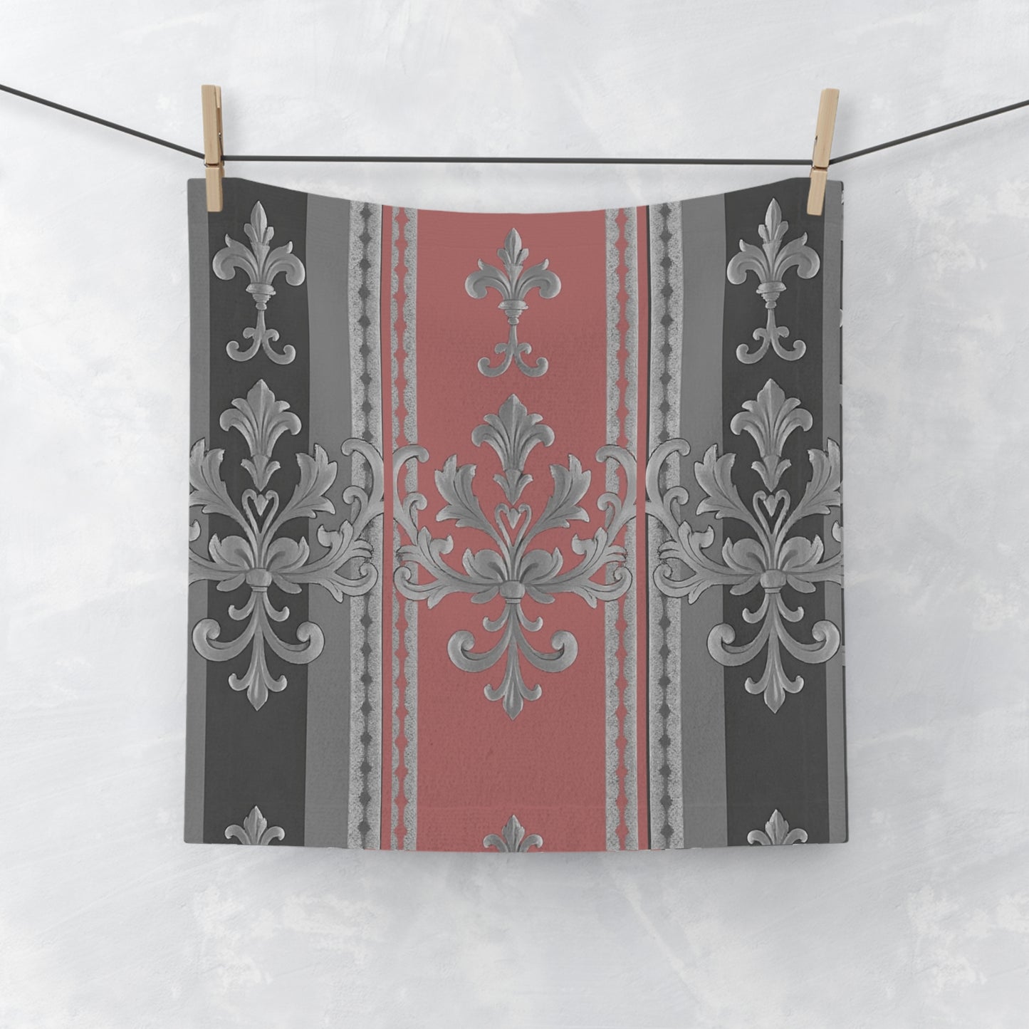 Elegant Floral Design Face Towel - Stylish and Luxurious Bathroom Accessory - Gray & Mauve Striped Baroque