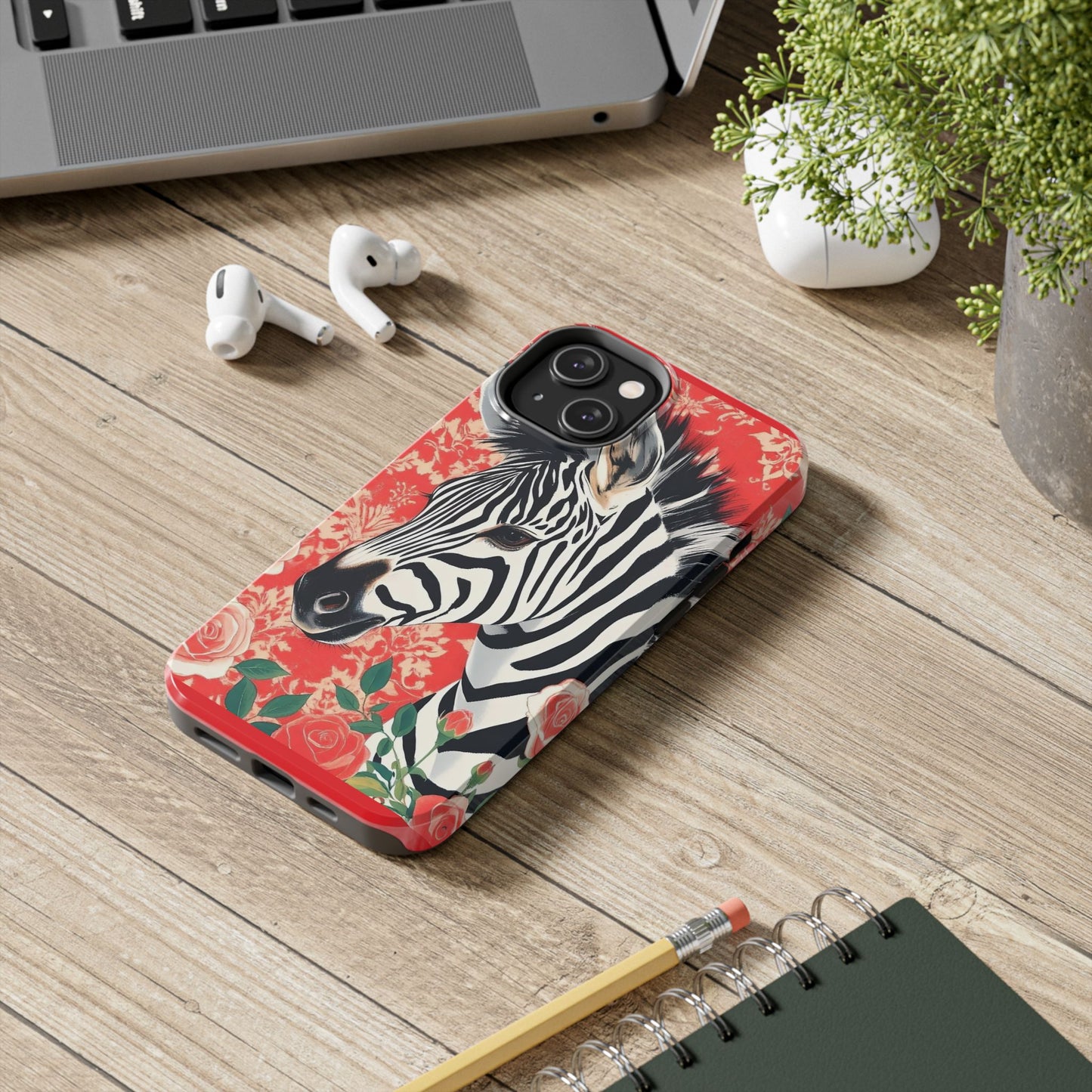 Zebra Tough Phone Case - Trendy Floral Design for Animal Lovers - Zebra With Coral Roses & Damask