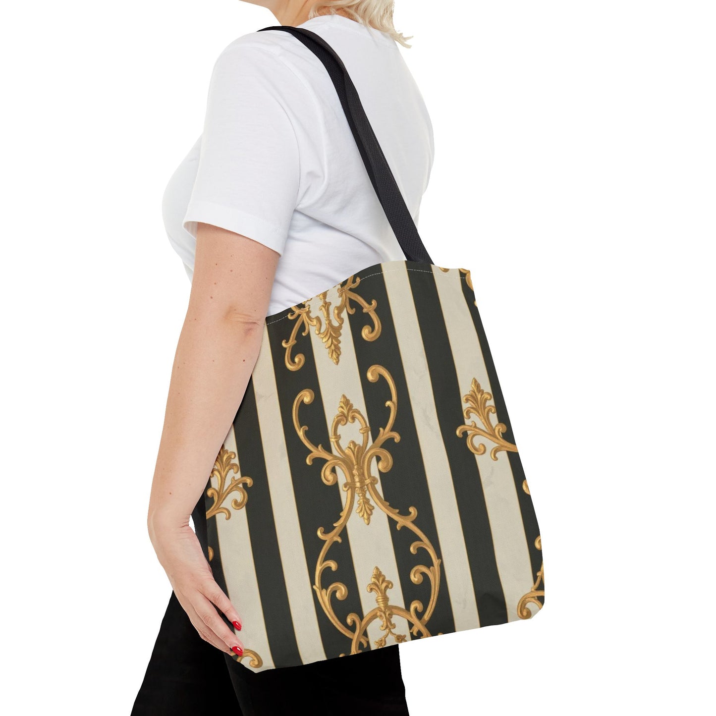 Elegant Black & Alabaster Striped Baroque Tote Bag, Stylish Shopping Bag, Fashion Accessory, Gift for Her, Reusable Bag, Perfect for Events
