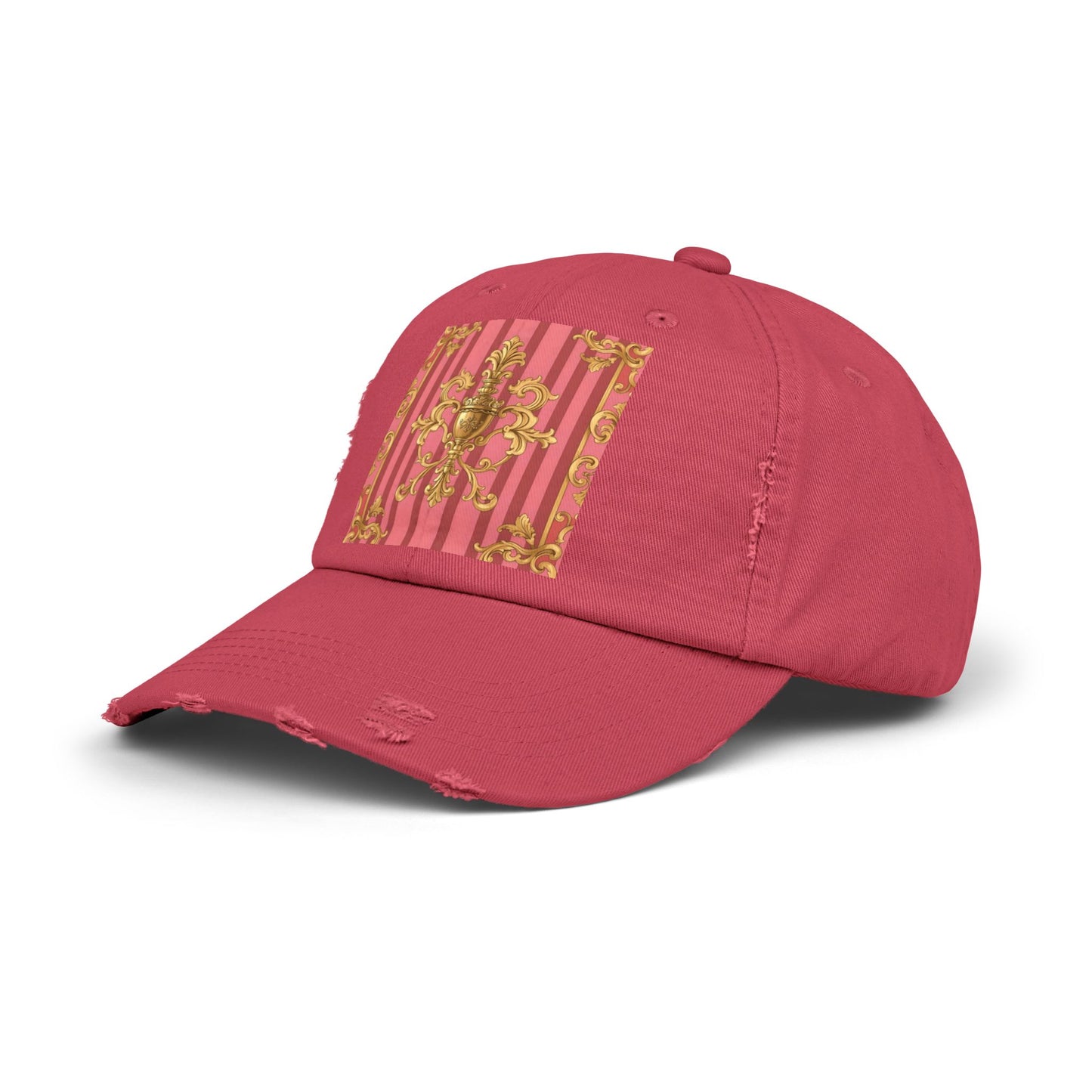 Chic Distressed Unisex Cap - Trendy Accessories for Style Lovers, Everyday Wear, Fashion Statement, Birthday Gift - Pink Striped Gold Baroque
