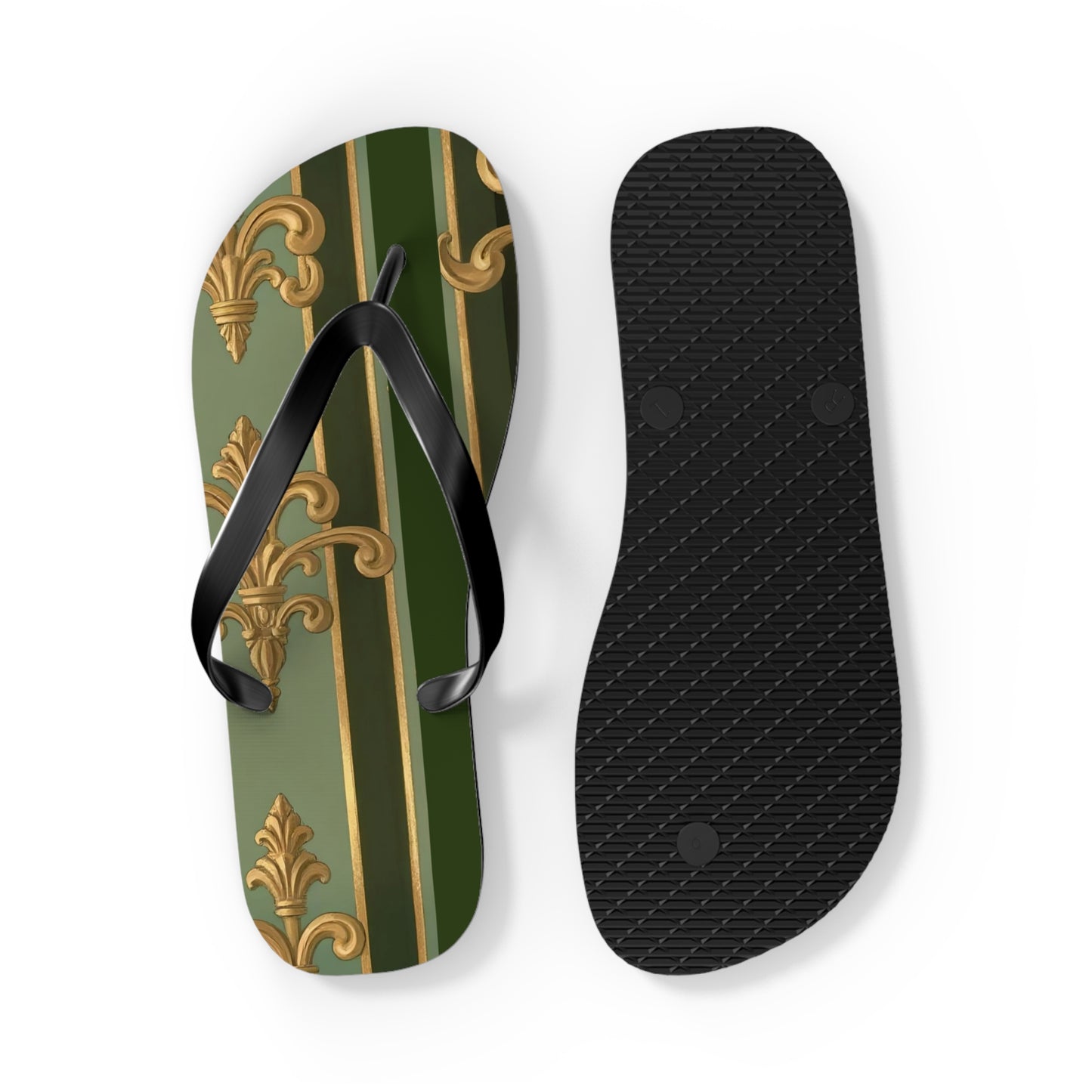 Elegant Vintage Flip Flops for Summer, Casual Sandals, Beachwear, Vacation Footwear, Summer Parties - Green Striped Gold Baroque