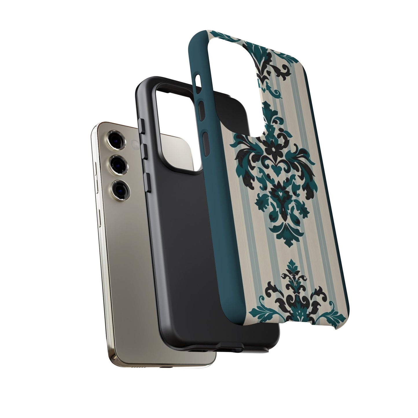 Elegant Floral Phone Case - Tough Cases with Vintage Design - Teal Striped Damask