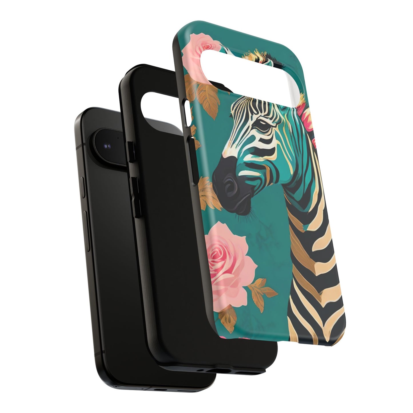 Phone Case - Elegant Teal & Gold Zebra & Roses Design