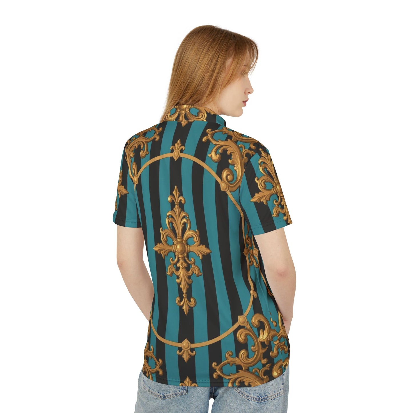 Turquoise & Black Striped Gold Baroque Unisex Polo Shirt, Fashionable Casual Wear, Stylish Gift for Him/Her, Elegant Everyday Polo