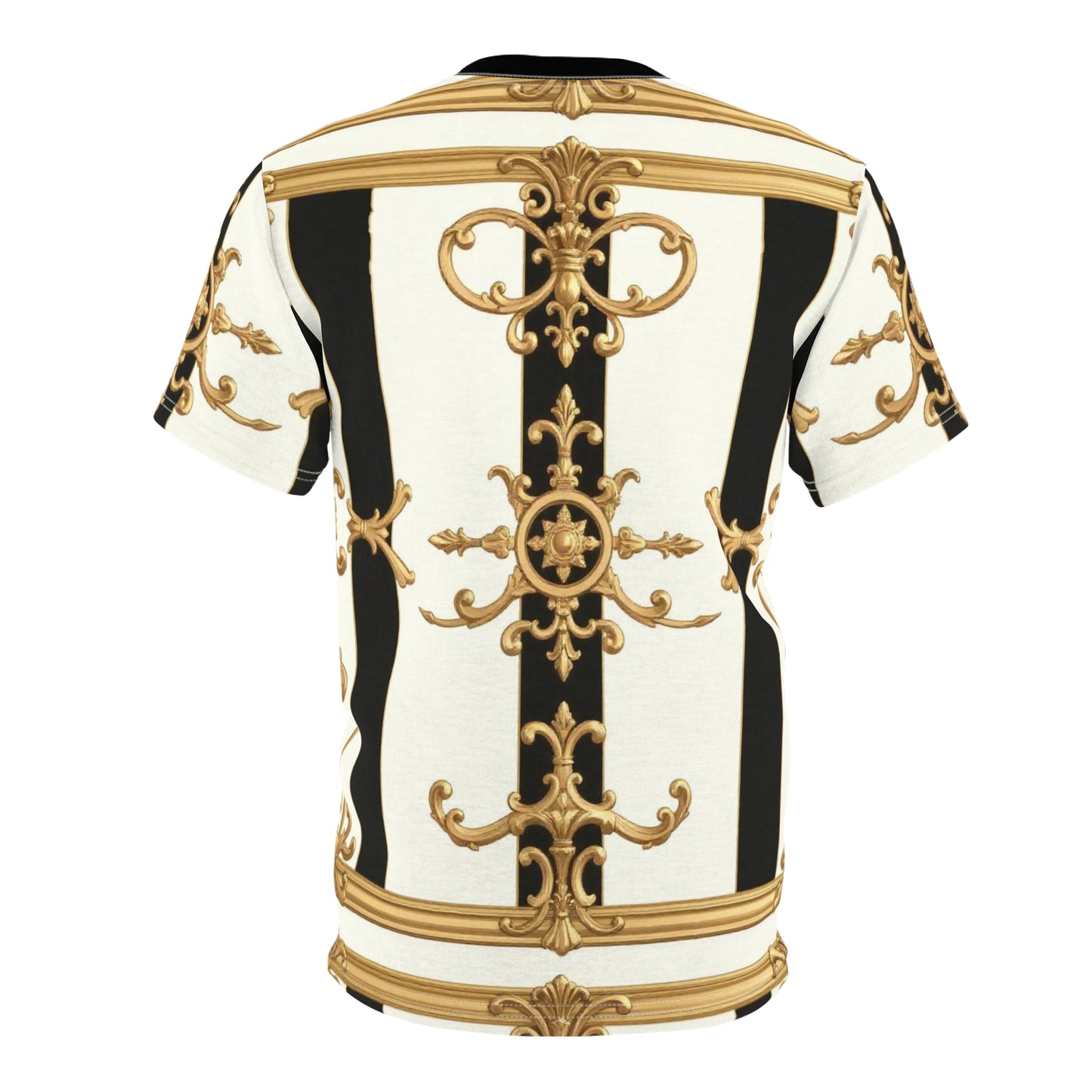 Elegant Baroque Unisex Cut & Sew Tee | Stylish AOP Top, Fashion Statement, Unique Gift, Casual Wear - Black & White Striped Gold Baroque