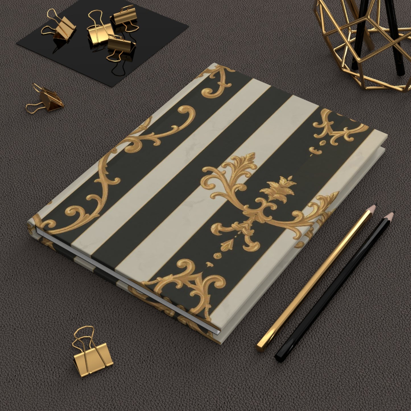 Elegant Black & Alabaster Striped Baroque Hardcover Journal, Vintage Floral Notebook, Stylish Writing Diary, Gifts for Writers, Luxury Stationery