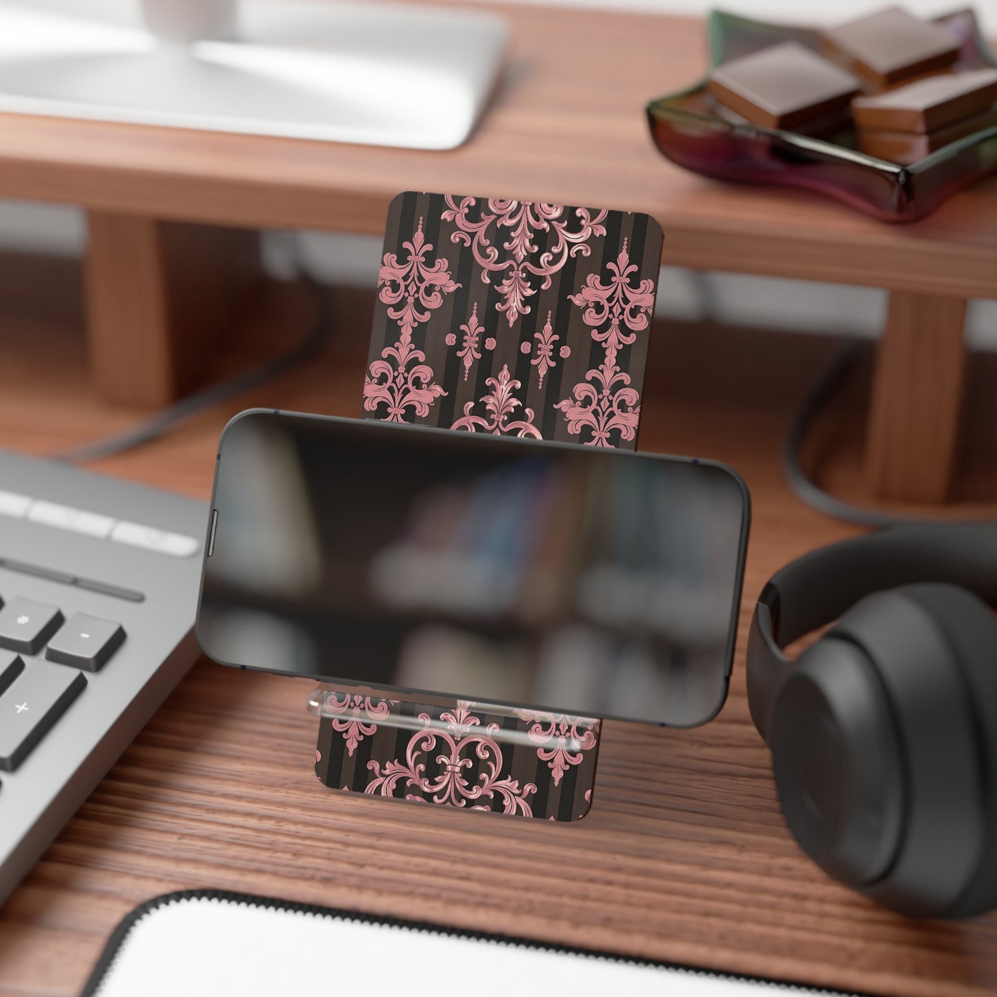 Elegant Floral Motif Smartphone Display Stand - Brown Striped Mauve Damask - Decorative Mobile Holder