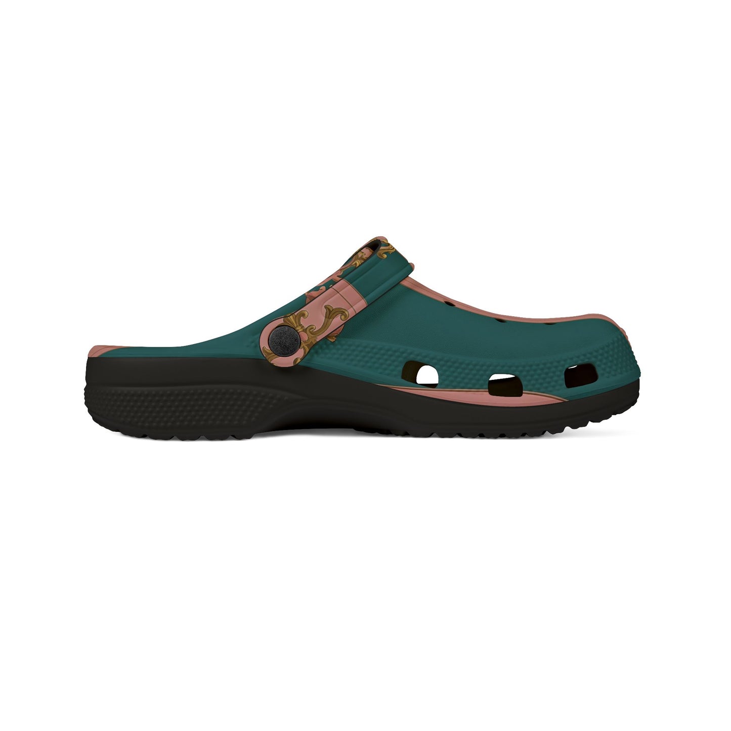 Stylish EVA Foam Rubber Shoes with Elegant Floral Design, Comfortable Clogs for Everyday Wear - Pink & Teal Striped Gold Baroque
