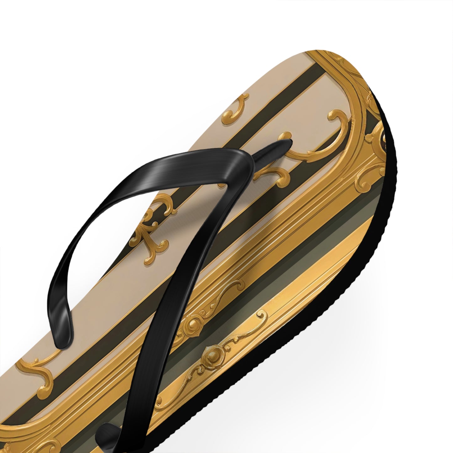 Elegant Golden Flip Flops, Summer Footwear, Beach Sandals, Vacation Essentials, Gift for Her - Beige Striped Gold Rococo