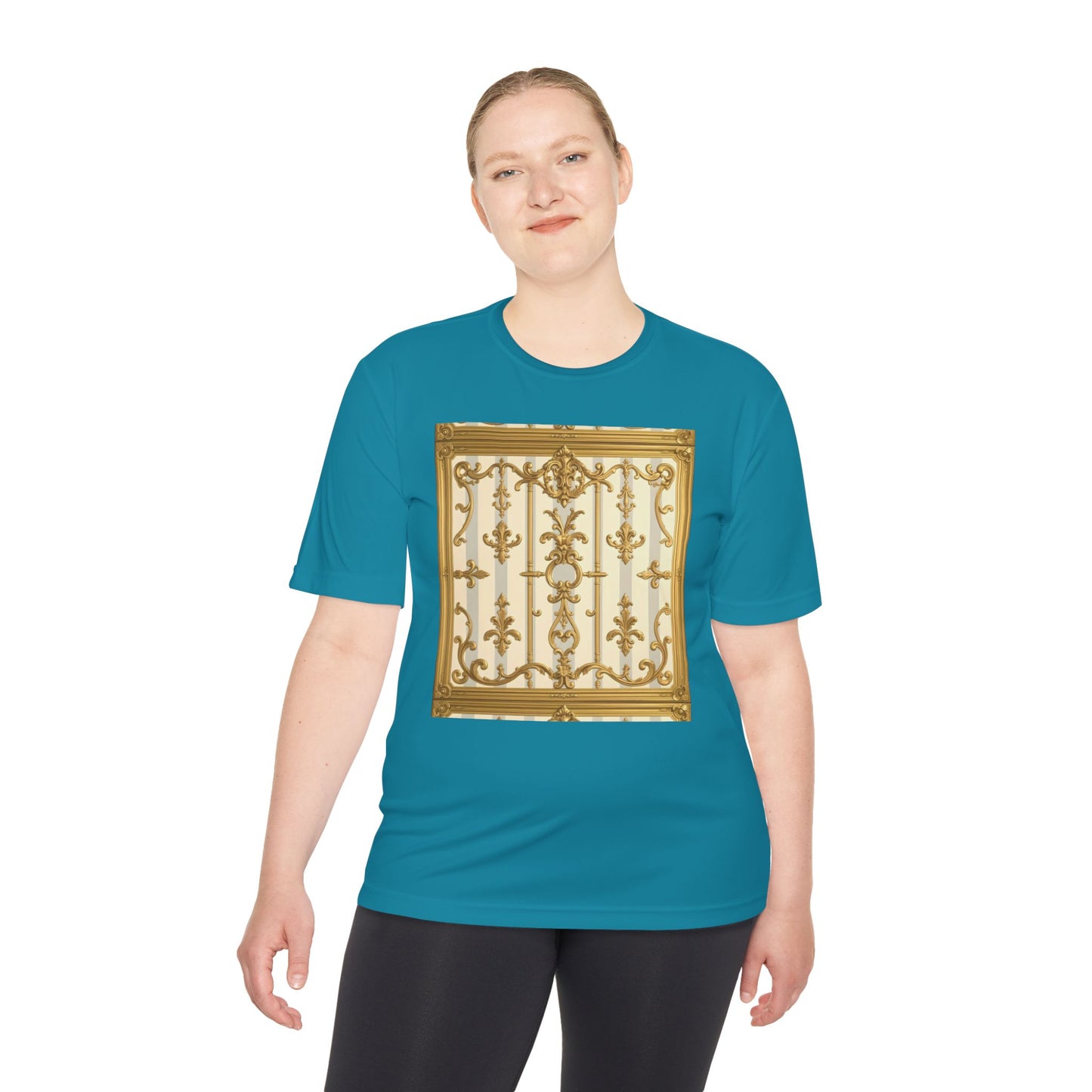 Elegant Gold Unisex Moisture Wicking Tee, Fashion Tee, Workout Shirt, Summer Style - Matte Gray & Cream Striped Gold Baroque