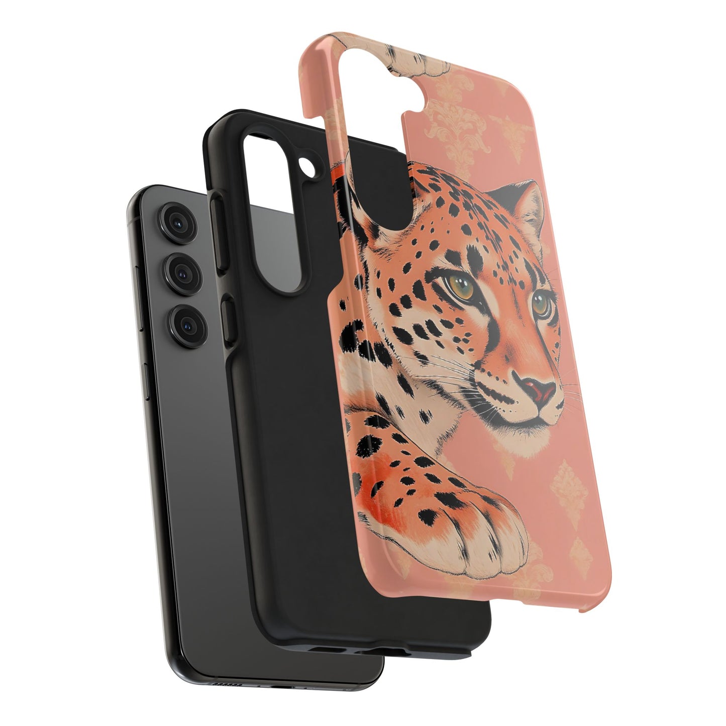 Leopard Tough Phone Case - Trendy Floral Motif Design for Animal Lovers - Peach Leopard & Damask