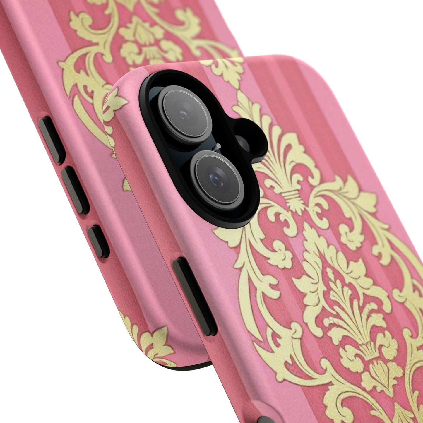 Elegant Floral Motif Phone Case - Tough Cases with Vintage Design - Pink Striped Damask