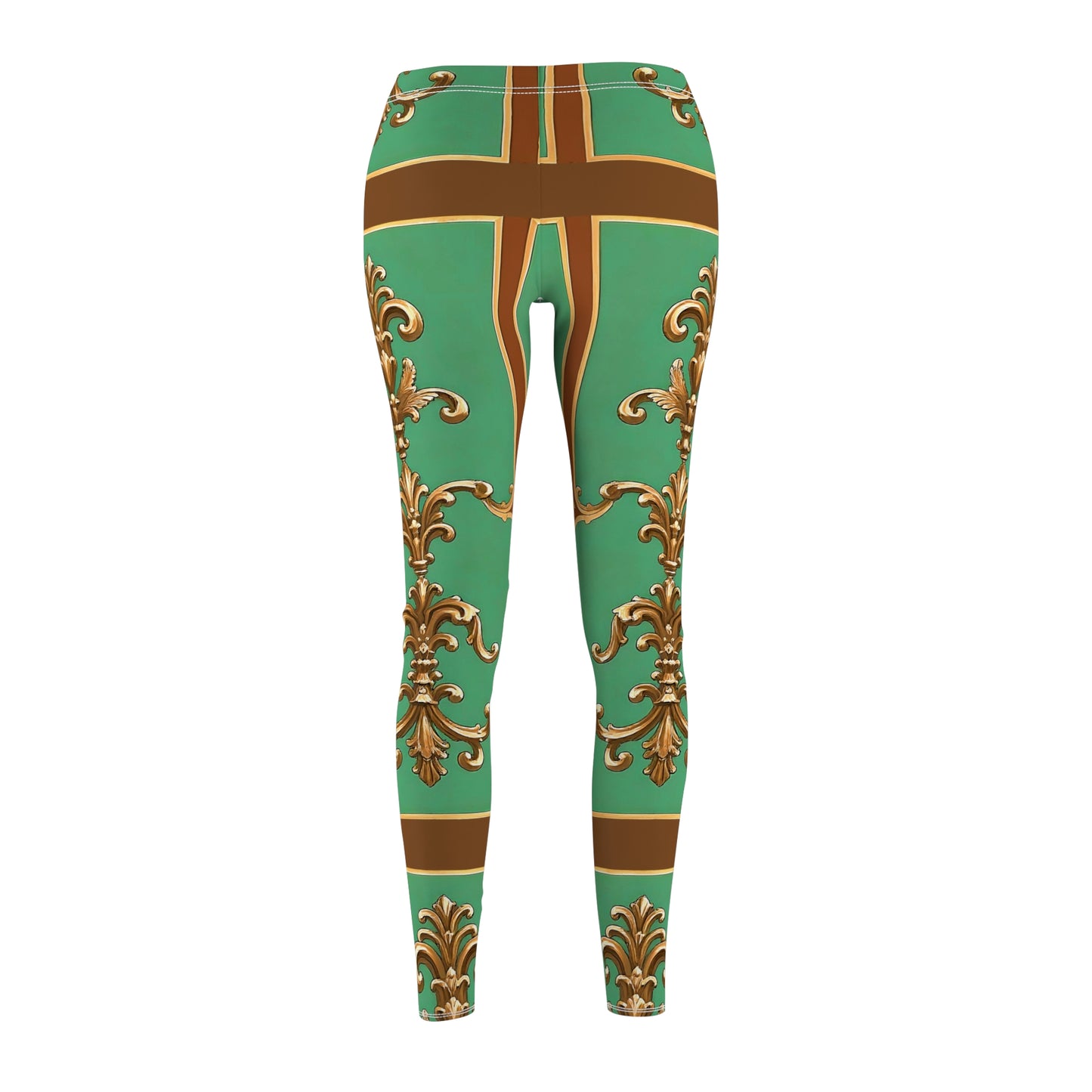 Stylish Vintage-Inspired Women's Casual Leggings with Elegant Patterns - Rust & Green Striped Baroque
