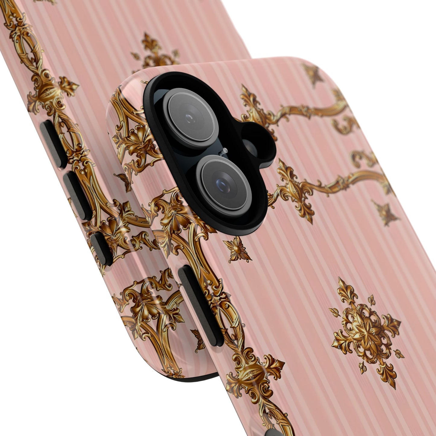 Elegant Floral Phone Case, Tough Cases for Women, Trendy Phone Cover, Chic Gift - Pink Striped Gold Baroque