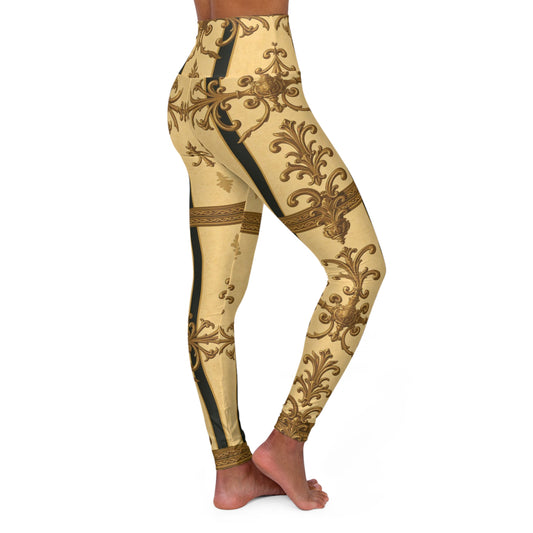 Elegant High Waisted Yoga Leggings, Stylish Activewear, Fitness Apparel, Comfortable Workout Pants - Matte Yellow Striped Antique Rococo