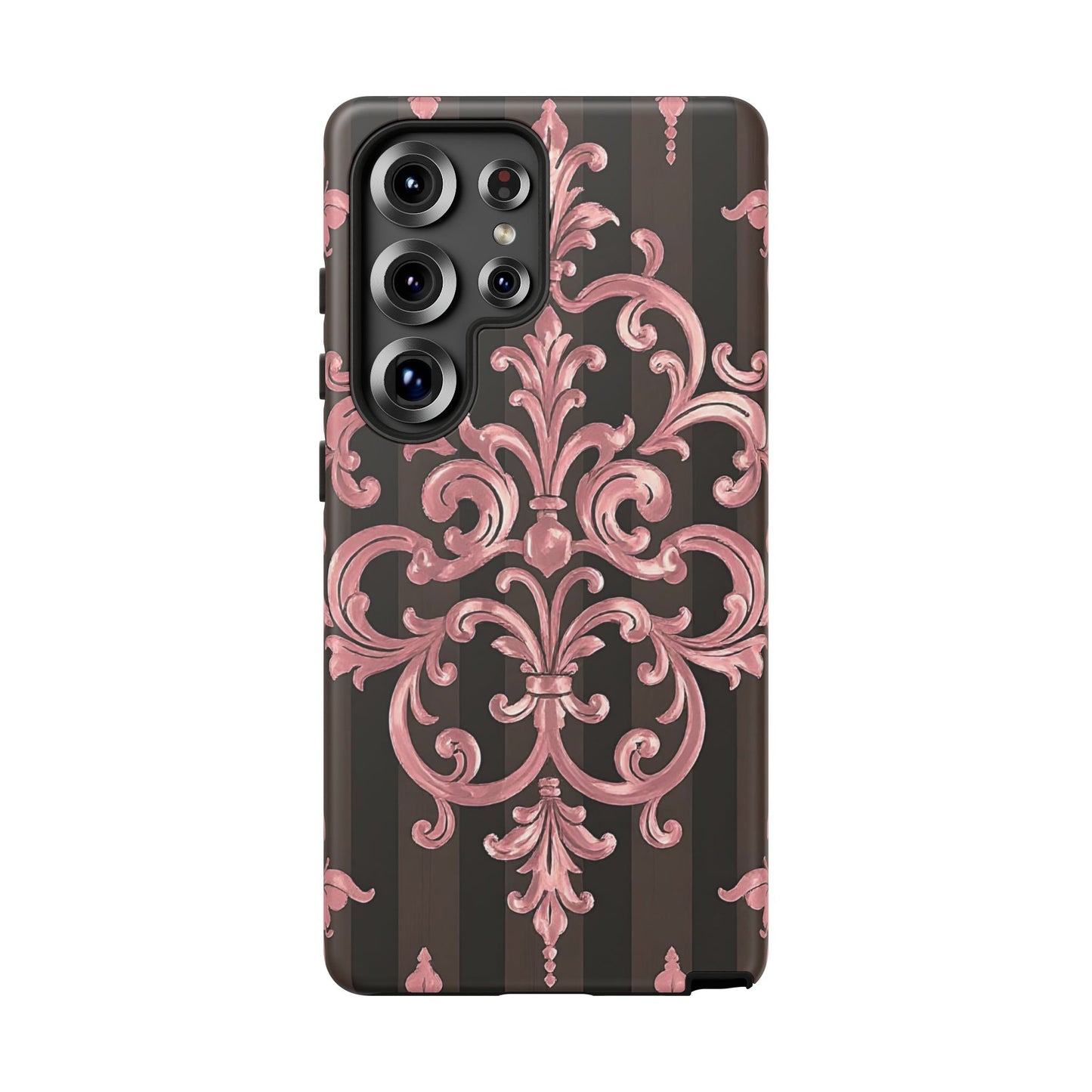 Elegant Floral Motif Phone Case - Tough Cases with Vintage Design - Brown Striped Mauve Damask