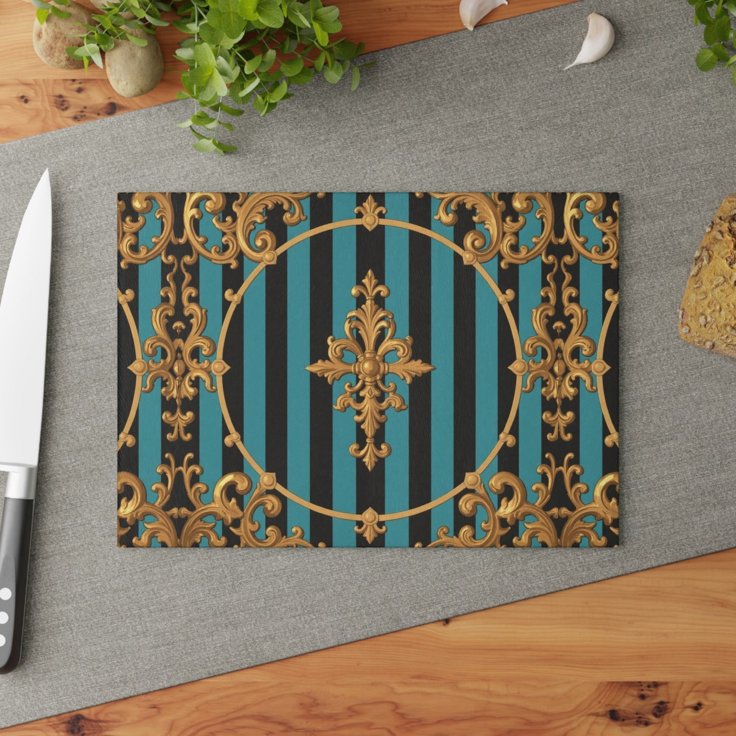 Elegant Turquoise & Black Striped Gold Baroque Decorative Glass Cutting Board | Kitchen Decor, Wedding Gift, Home Cook, Housewarming Gift
