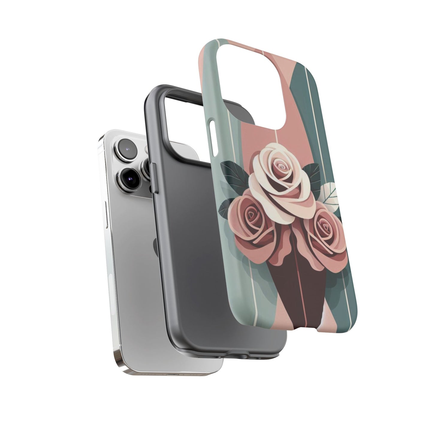 Phone Case - Burgundy, Matte Mauve & Teal Surfboard & Roses Design